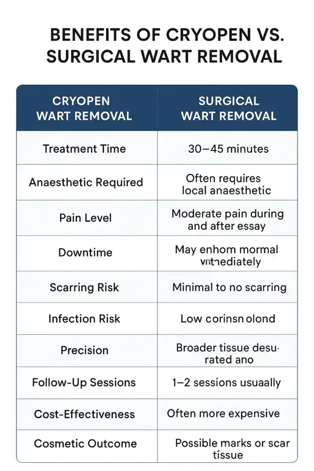 Table showing the benefits of cryopen to remove warts Portsmouth compared to surgical treatment